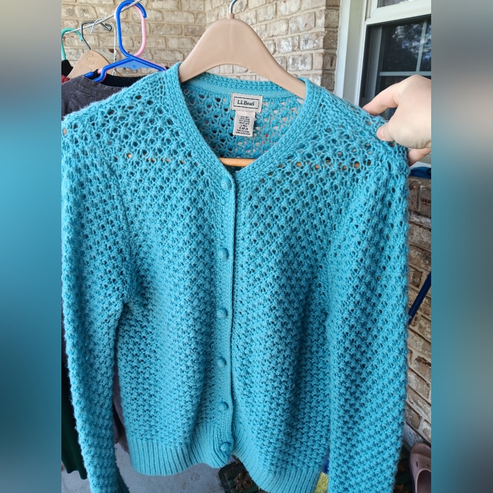 L.L. Bean Women's Blue Wool & Angora Blend Crochet Cardigan
